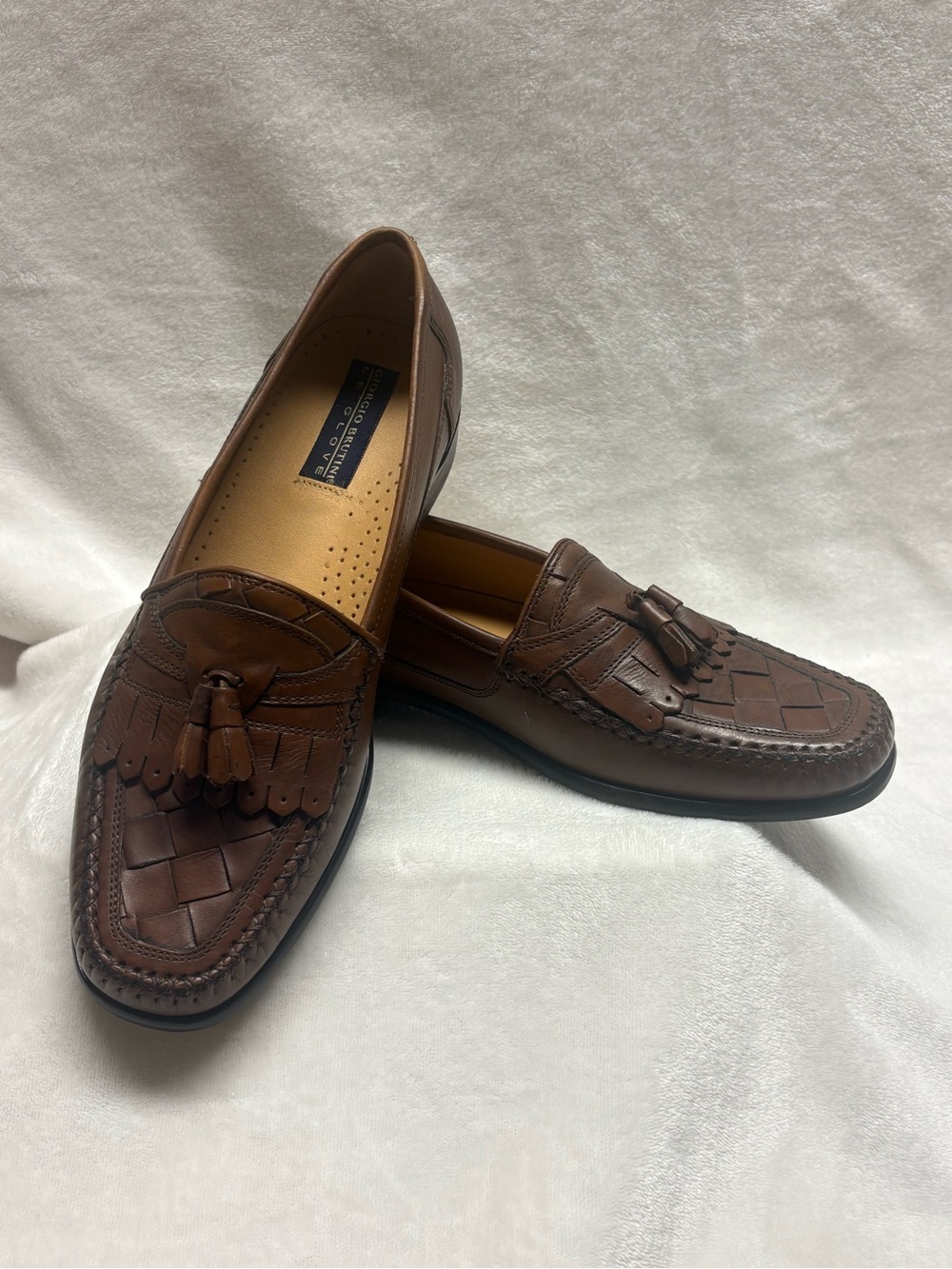 Giorgio Brutini Le Glove Mens 9.5 M Brown Woven Leather Tassel Loafers NWOB